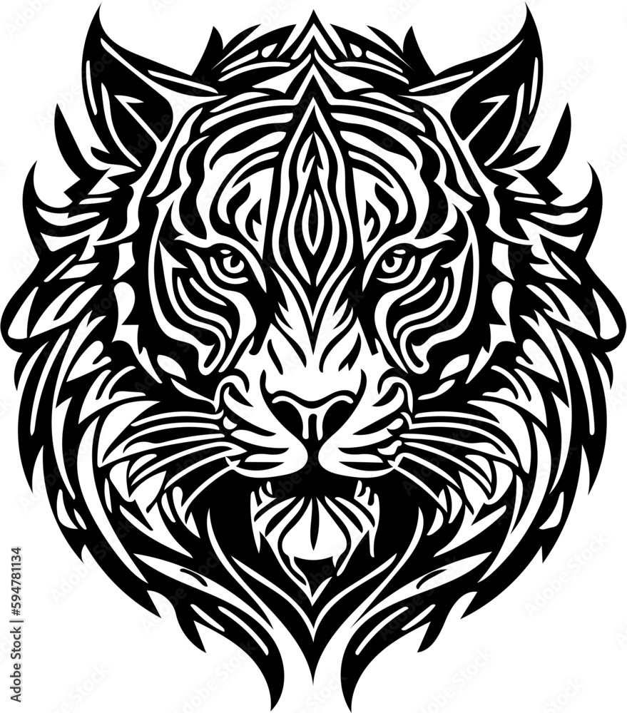 Aggressive tiger head tribal logo design in black and white, vector illustration of a predator Aggressive tiger head tribal logo design in black and white, vector illustration of a predator