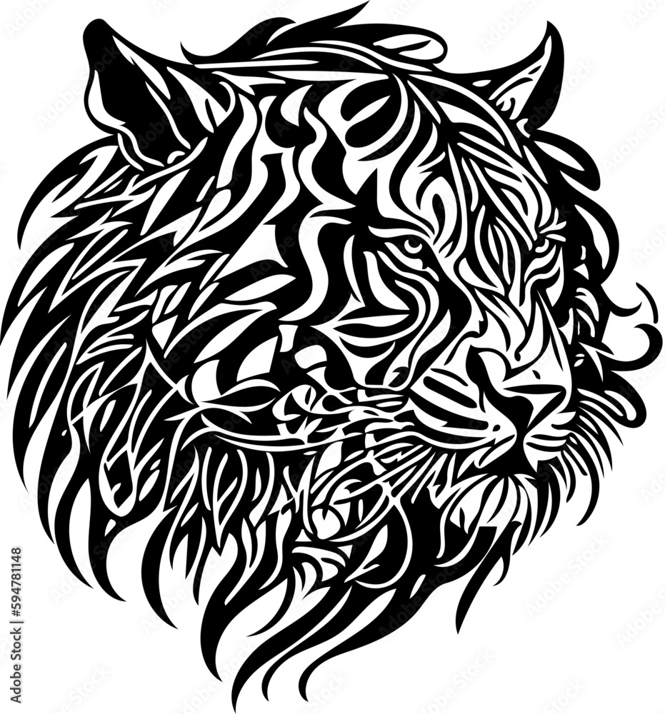 Aggressive tiger head tribal logo design in black and white, vector illustration of a predator 