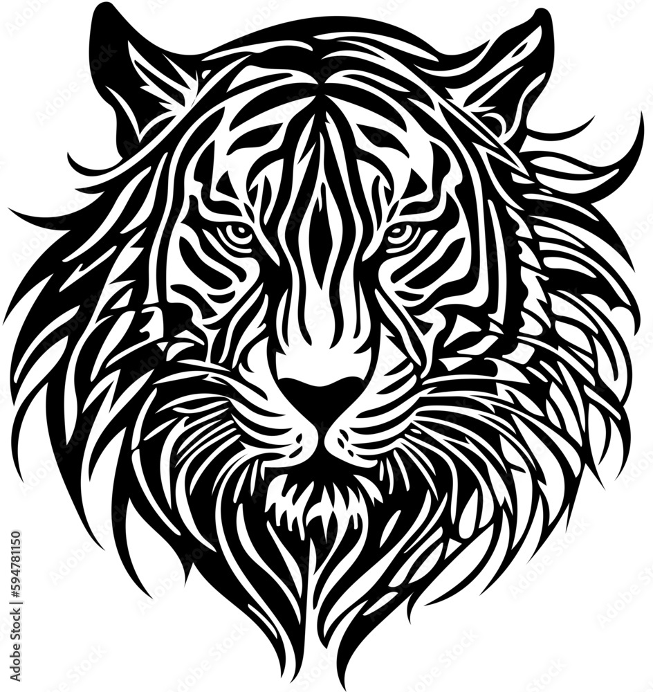 Aggressive tiger head tribal logo design in black and white, vector illustration of a predator 