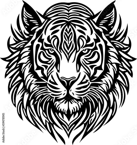 Aggressive tiger head tribal logo design in black and white, vector illustration of a predator  photo