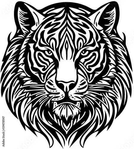 Aggressive tiger head tribal logo design in black and white, vector illustration of a predator 