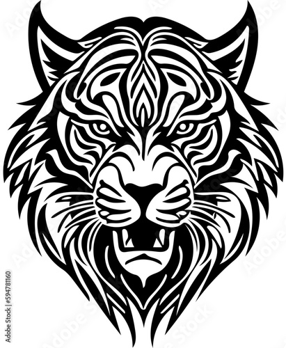 Aggressive tiger head tribal logo design in black and white, vector illustration of a predator  photo