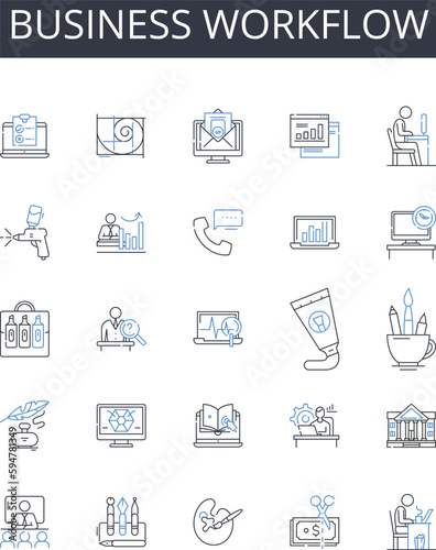 Business workflow line icons collection. Work process, Task route, Job procedure, Production flow, Operations cycle, Service sequence, Operational blueprint vector and linear illustration