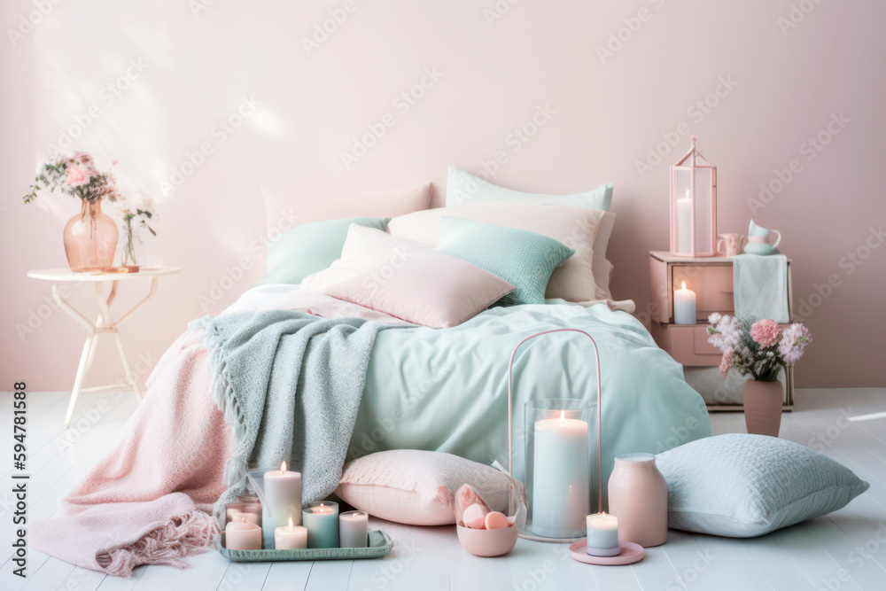 Bright bedroom with pink and green bed linen and pillows. Generative AI.