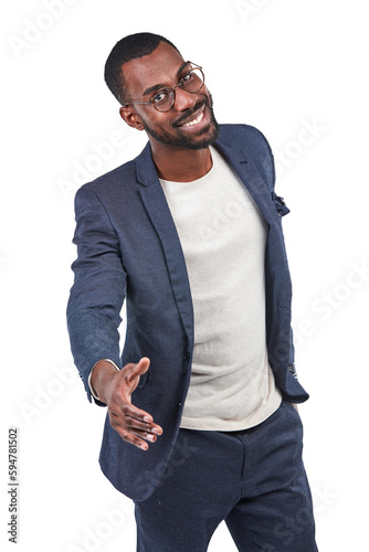 Fotografie Black man, portrait or handshake for welcome or recruitment isolated on transparent png background