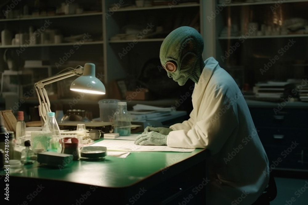 Lab alien at Area 51 studying materials or conducting scientific research to help humanity. Friendly extraterestrial being in the laboratory helping humans evolve. Ai generated Lab alien at Area 51 studying materials or conducting scientific research to help humanity. Friendly extraterestrial being in the laboratory helping humans evolve. Ai generated