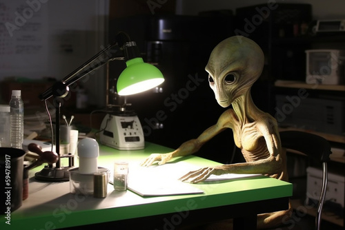 Lab alien at Area 51 studying materials or conducting scientific research to help humanity. Friendly extraterestrial being in the laboratory helping humans evolve. Ai generated photo