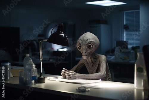 Lab alien at Area 51 studying materials or conducting scientific research to help humanity. Friendly extraterestrial being in the laboratory helping humans evolve. Ai generated photo