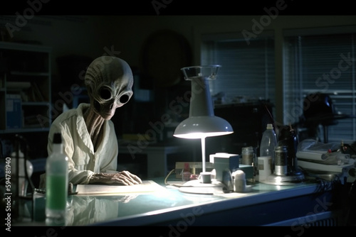 Lab alien at Area 51 studying materials or conducting scientific research to help humanity. Friendly extraterestrial being in the laboratory helping humans evolve. Ai generated photo