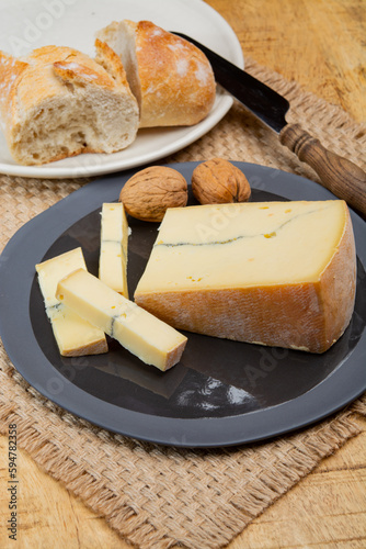 Cheese collection, French Morbier semi-soft cow milk cheese with black mold layer