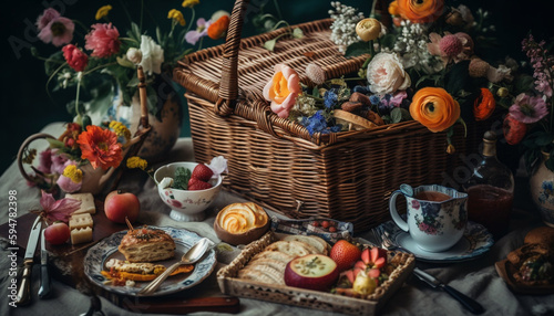 Rustic homemade basket holds sweet berry dessert generated by AI