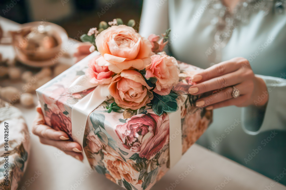 Mother's Day present with flowers. Generative AI. Mother's Day present with flowers. Generative AI.