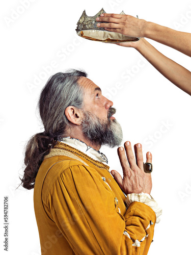 Photos King, crowning and man in royal costume isolated, transparent and png background for theatre, drama and rehearsal
