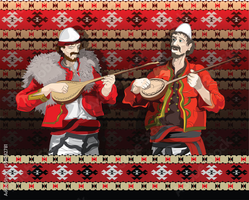Albanian folk music instruments, 2 men playing Çifteli traditional music folk, folk texture
