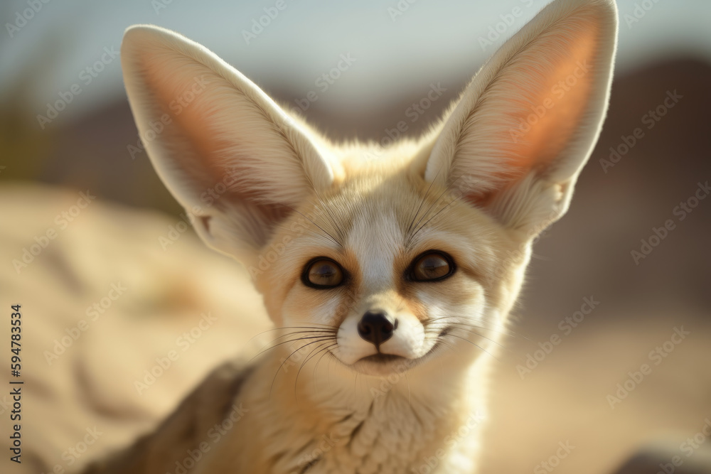 beautiful fennec fox in the desert looking at the camera.