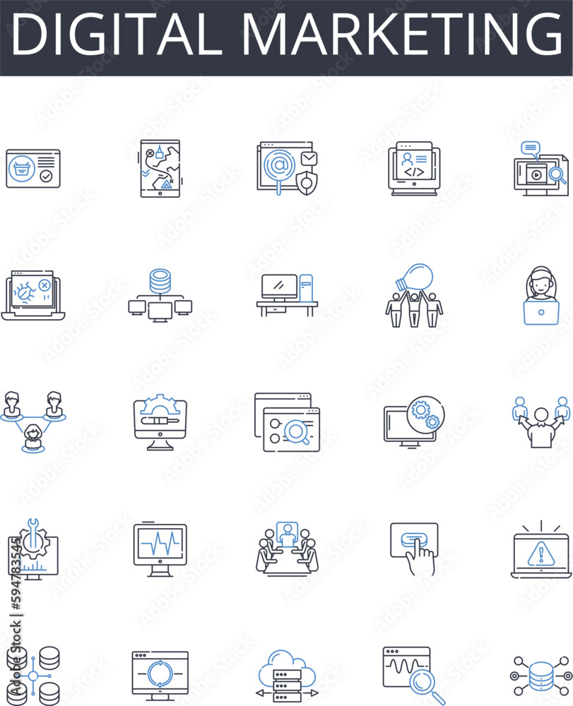 Digital marketing line icons collection. Social media, Content creation, Online advertising, Search engine optimization, Email marketing, Mobile marketing, E-commerce vector and linear illustration