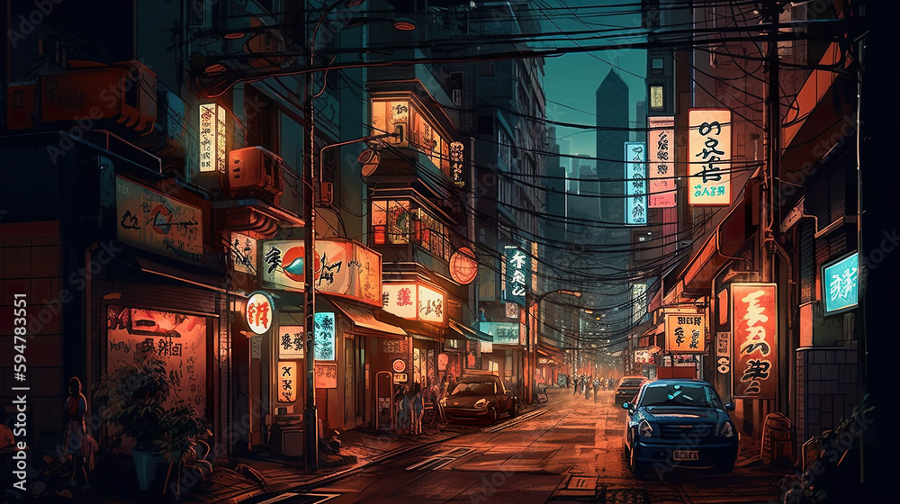 Rainy  street at dusk, lit by neon signs of shops and restaurants. Passersby with umbrellas navigate through puddles, AI generative fictional Japan