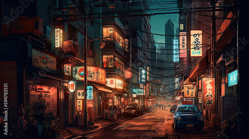 Rainy street at dusk, lit by neon signs of shops and restaurants. Passersby with umbrellas navigate through puddles, AI generative fictional Japan