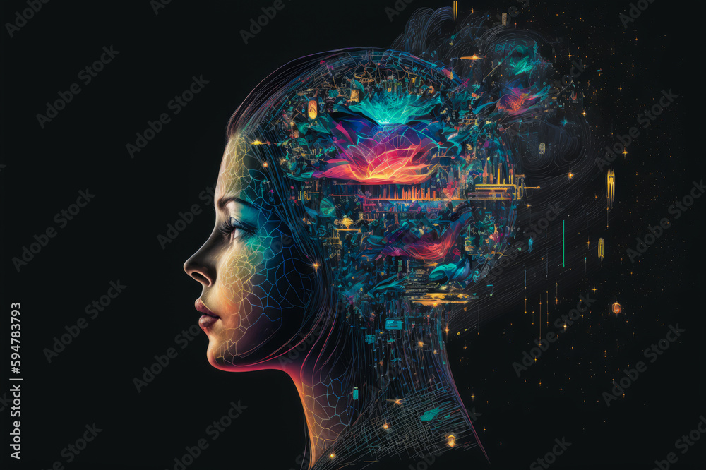 An image represents a head with symbols and holographic forms to visualize complex emotions. Style: futuristic, technological, bright colors and neon. Generative AI An image represents a head with symbols and holographic forms to visualize complex emotions. Style: futuristic, technological, bright colors and neon. Generative AI