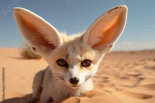 beautiful fennec fox in the desert looking at the camera.