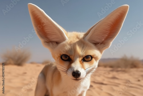 beautiful fennec fox in the desert looking at the camera.