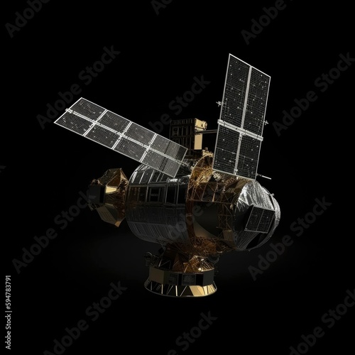 space satellite isolated on black background, communication solar panels, generative ai