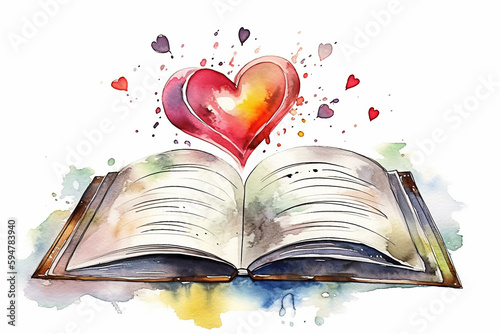 Watercolor illustration of opened book with heart-shaped pages. love concept. Generative AI