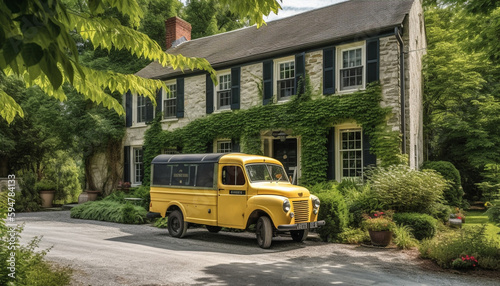 A yellow bus speeds past city history generated by AI