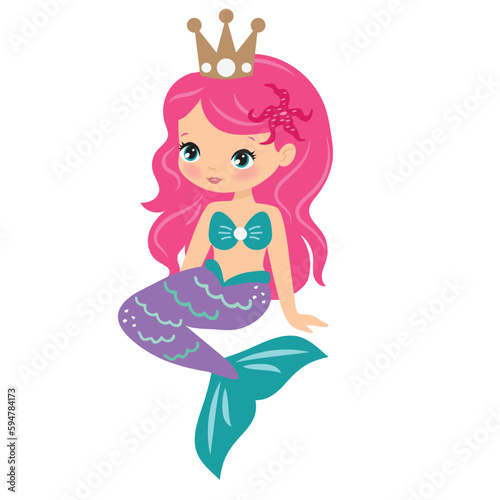 Cute sitting sea princess mermaid vector cartoon illustration