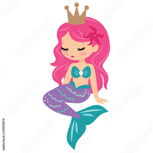 Cute sitting sea princess mermaid vector cartoon illustration