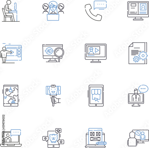 Blogosphere line icons collection. Community, Content, Conversation, Engagement, Influence, Opinion, Readership vector and linear illustration. Audience,Collaboration,Creativity outline signs set photo