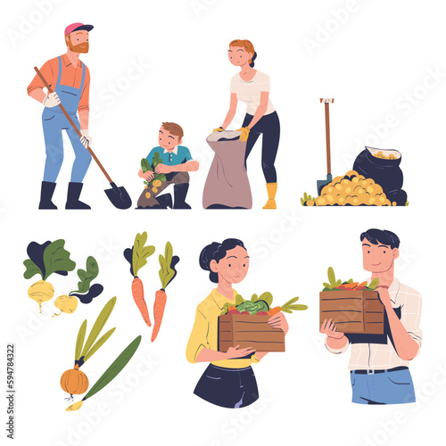 People Characters Harvesting Gathering Ripe Agricultural Crops Vector Set © topvectors