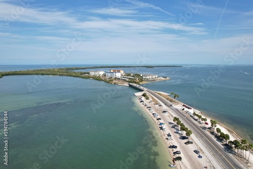 A drone view of Dunedin Causeway, Tampa Bay, Florida's beautiful white beaches.