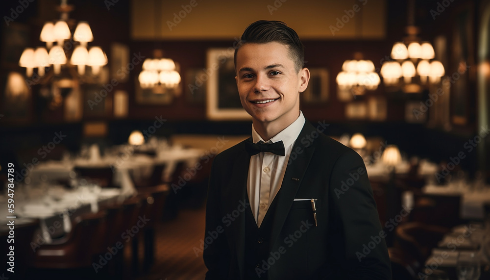 Confident groomsmen celebrate with luxury bar service indoors generated by AI Confident groomsmen celebrate with luxury bar service indoors generated by AI
