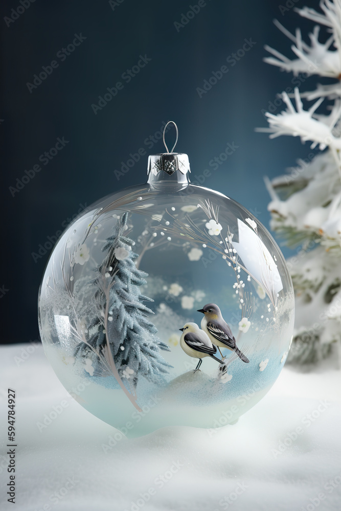 Close-up on transparent Christmas bauble, ball, with intricate winter decorations, AI generative Xmas greeting background