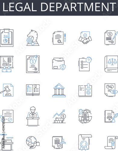 Legal department line icons collection. Marketing team, Research division, Finance department, Human resources, Sales staff, Customer service, Production unit vector and linear illustration. Executive