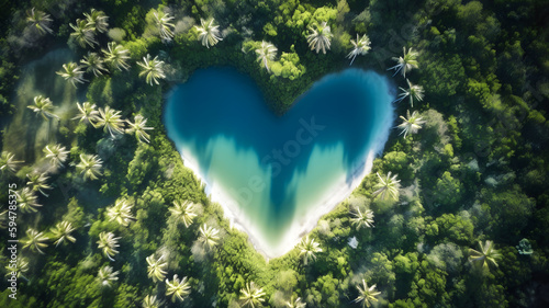 Aerial view of a lake in a tropical forest in the form of heart, ai generative illustration