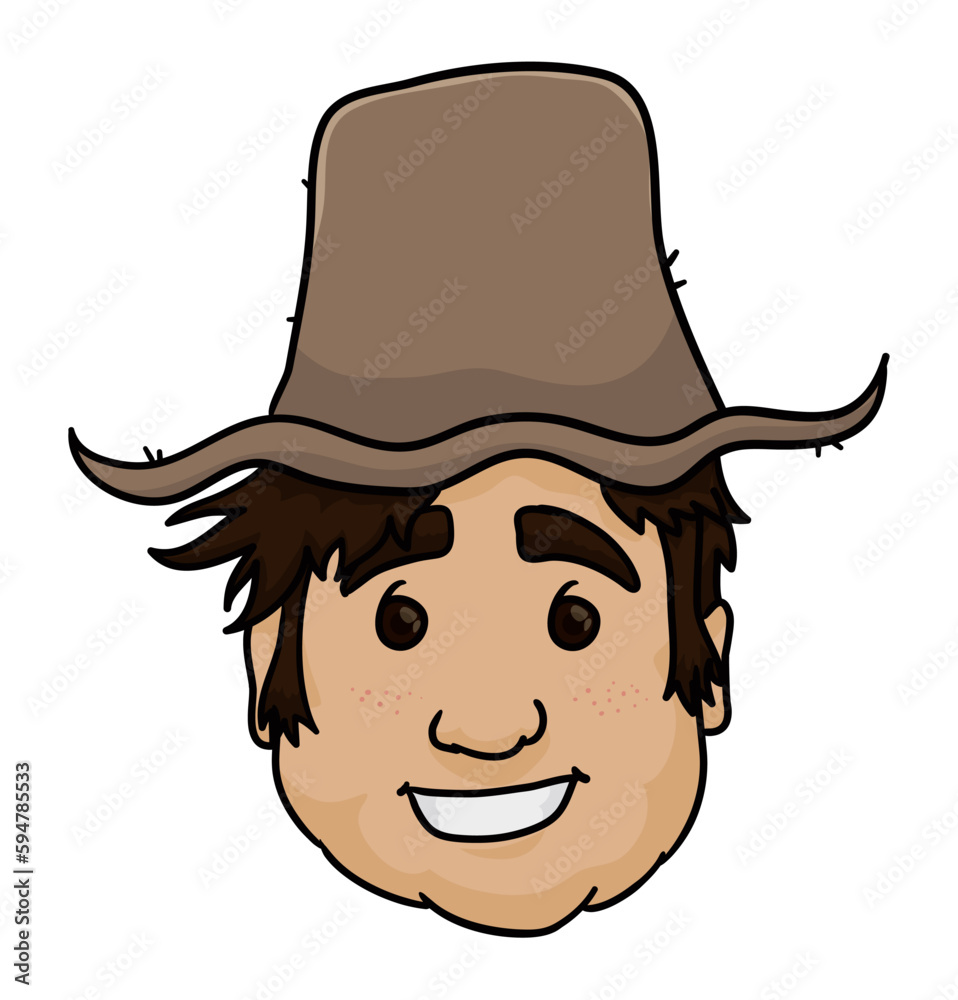 Happy farmer face with straw hat in cartoon style, Vector illustration