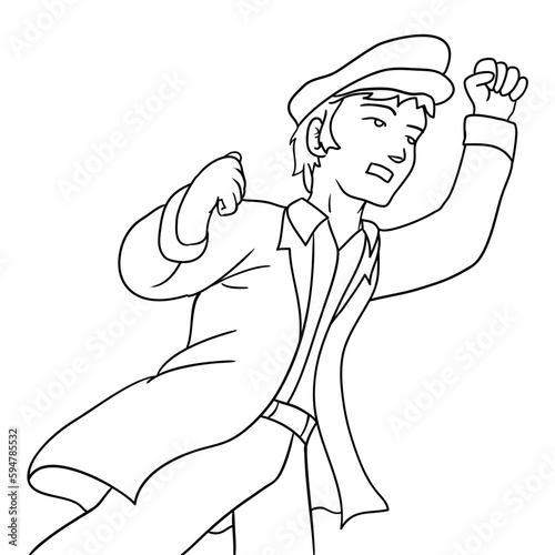 Young man with trenchcoat, beret and raised fist protesting in outlines, Vector illustration