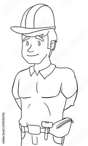 Smiling worker with construction fanny pack, hammer and hard hat in outlines, Vector illustration photo