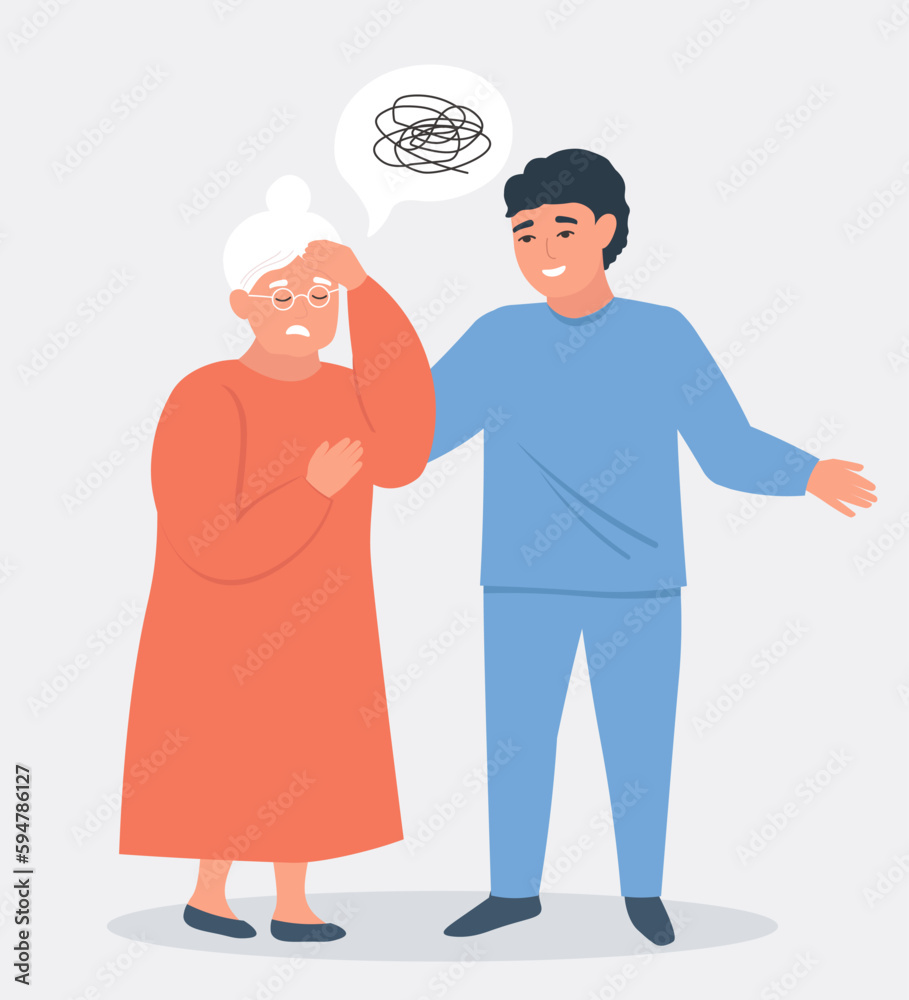 An elderly woman suffers from migraine, confusion, memory loss, dementia. Nurse, volunteer helps. Mental age-related diseases. Vector flat graphics.