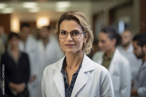 Foto Environmental portrait photography of a pleased doctor in her 40s wearing a scrub or lab coat against a background of professionals and patients