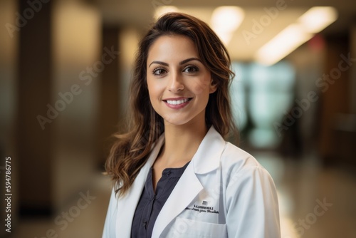 Foto Environmental portrait photography of a grinning doctor in her 30s wearing a scrub or lab coat with doctors nurses therapists