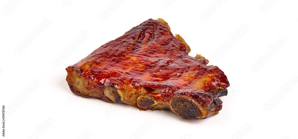 Delicious Grilled Ribs with bbq sauce, isolated on a white background. Close-up.