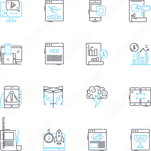 Product experience linear icons set. Satisfaction, Usability, Interaction, Navigation, Engagement, Excitement, Accessibility line vector and concept signs. Responsiveness,Clarity,Simplicity outline