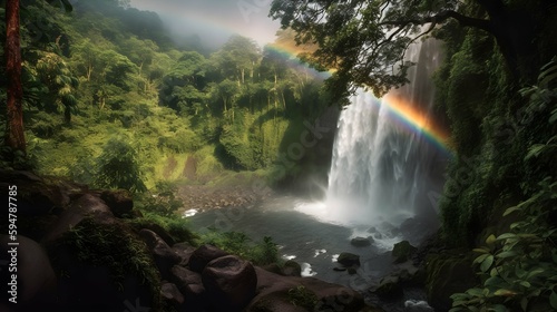 majestic waterfall surrounded by a rainbow