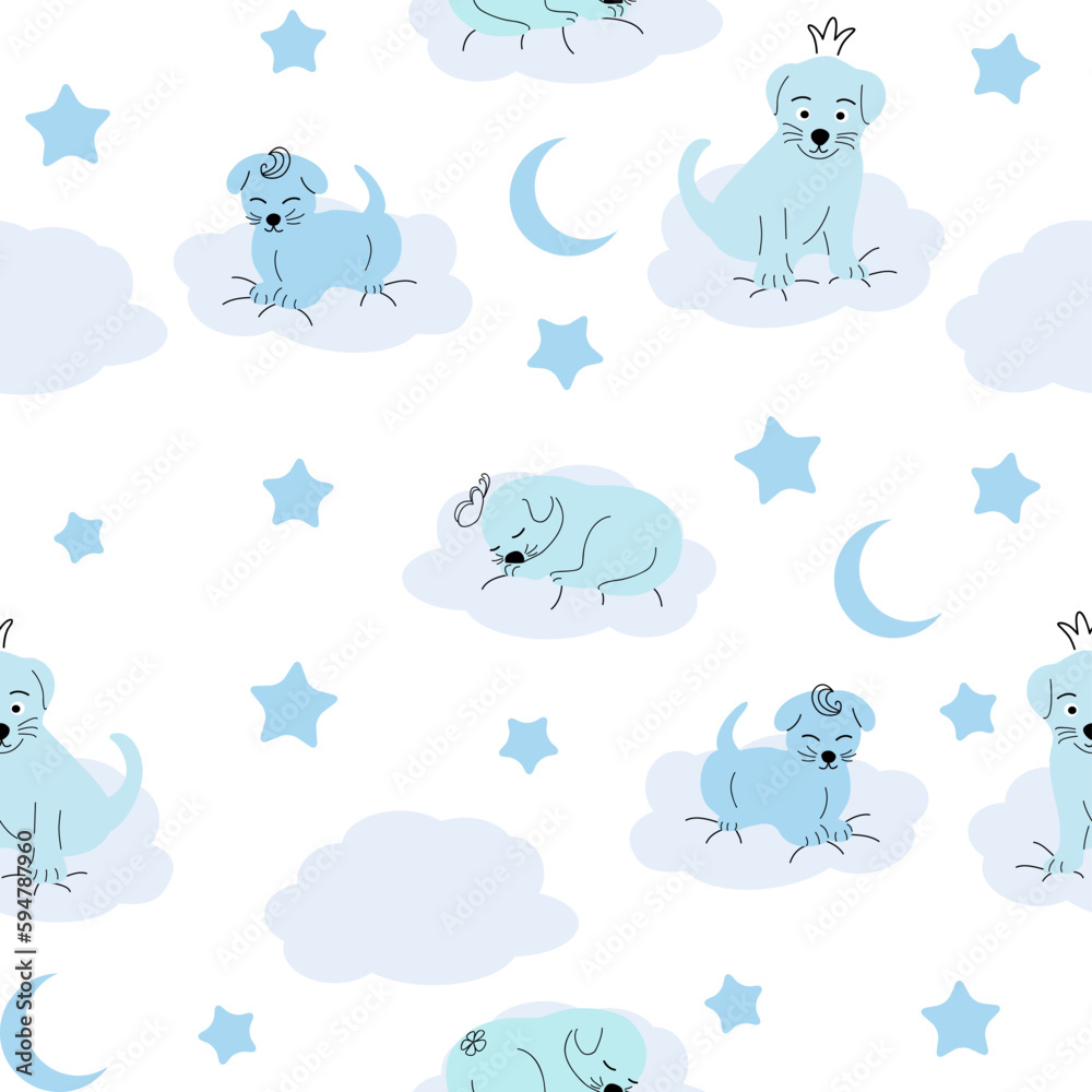 Fototapeta premium Cute sleeping puppy, clouds, stars, crown, butterflies Seamless pattern. Gentle colors. For newborns