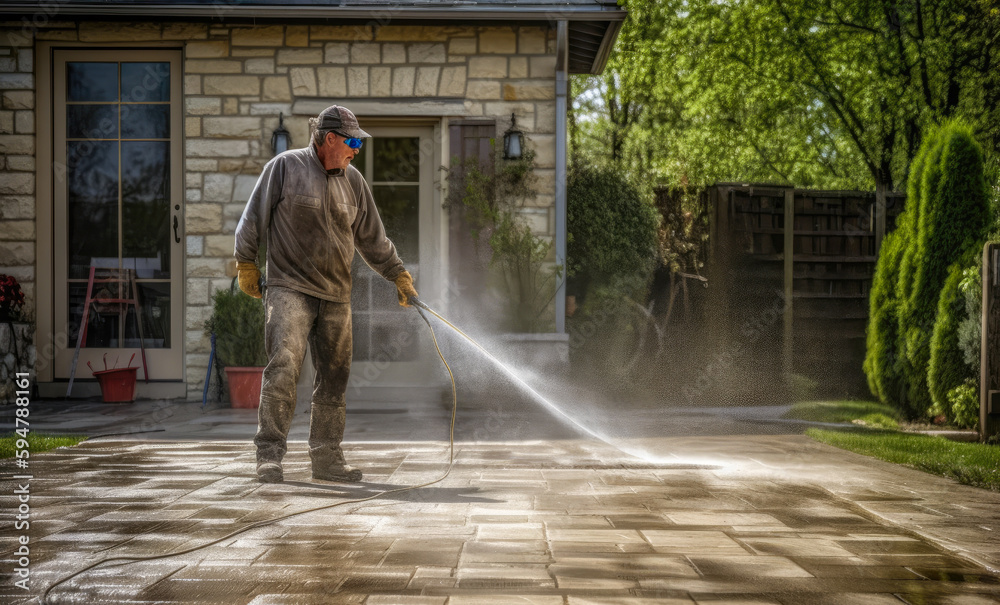 A man pressure washing a driveway, high quality generative ai A man pressure washing a driveway, high quality generative ai