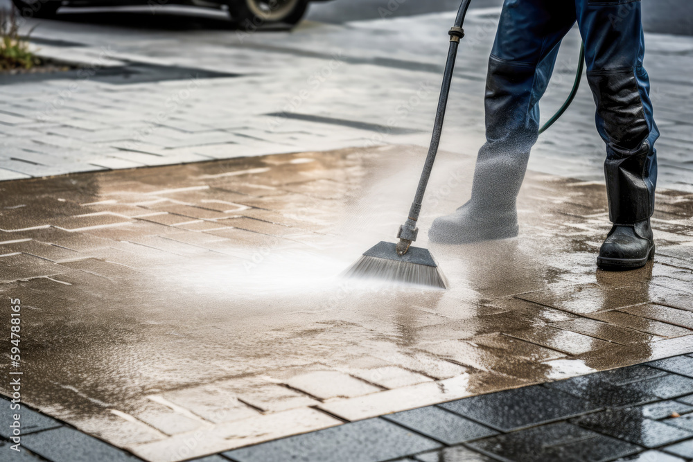 Pressure washing a driveway, closeup, high quality generative ai Pressure washing a driveway, closeup, high quality generative ai