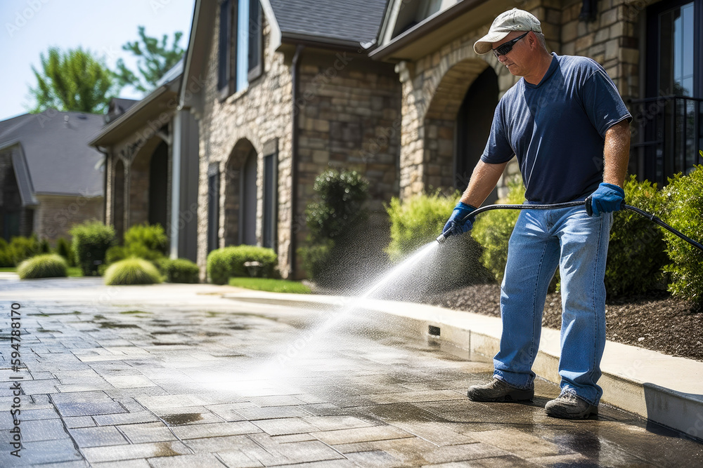 A man pressure washing a driveway, high quality generative ai A man pressure washing a driveway, high quality generative ai